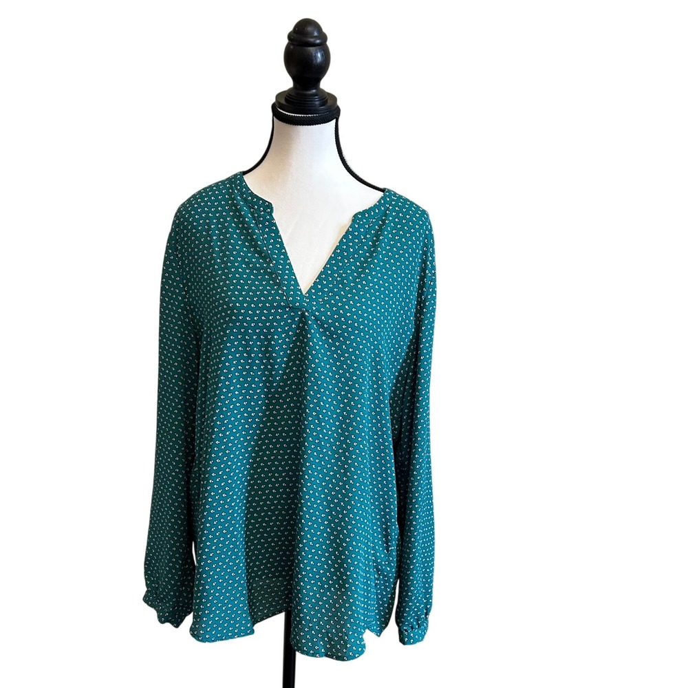 Adrianna Papell XL Green Blouse Long Sleeve V Neck‎ Printed Top